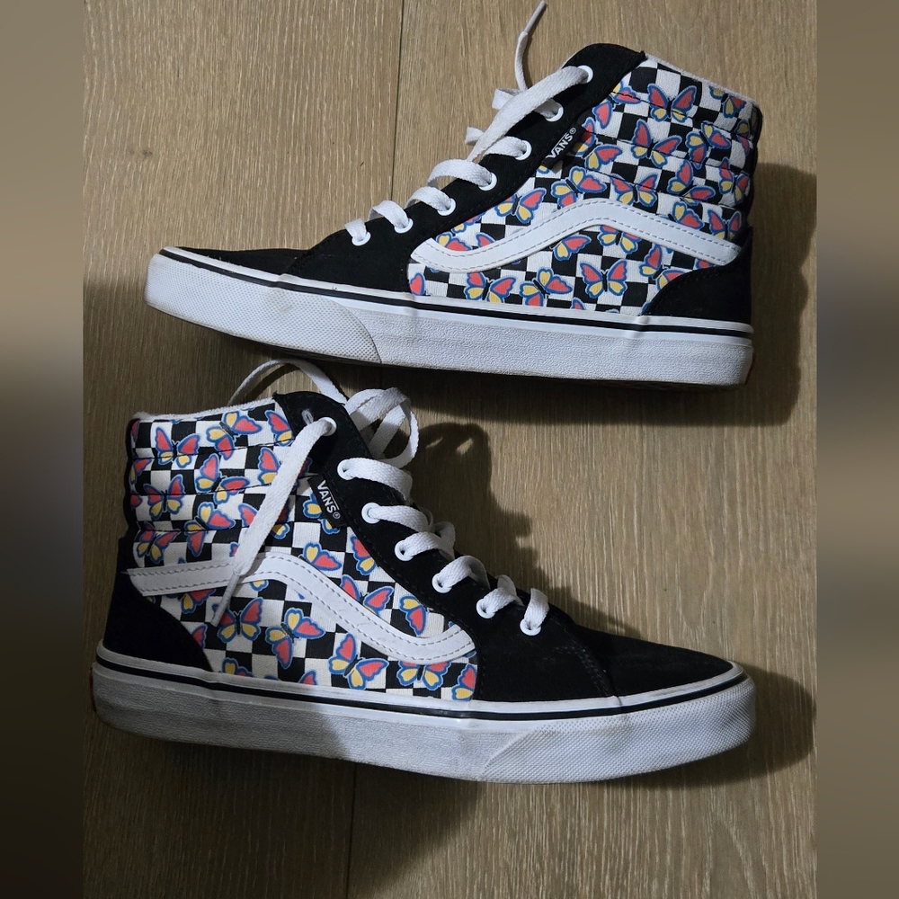 Vans Black and White High-Top Sneakers Pink Blue Yellow Butterflies Size 6